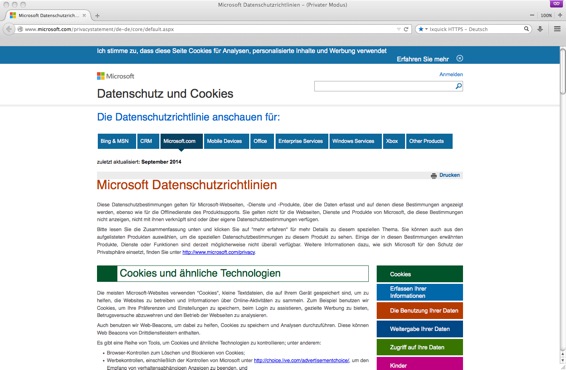 Webseite Datenschutz Microsoft
