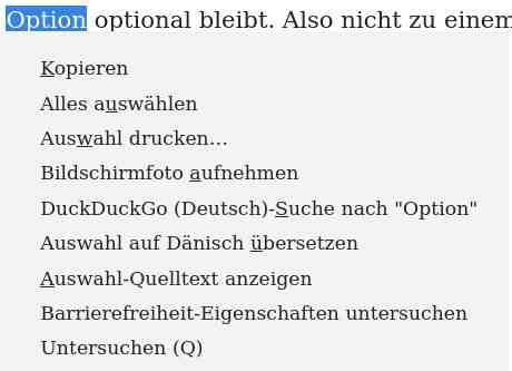 Funktion Maus-Rechtsklick nach Markierung von Text.