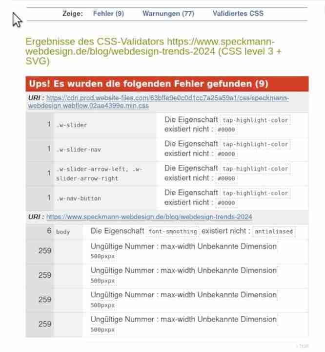 Validatorergebnisse CSS, Speckmann Webdesign