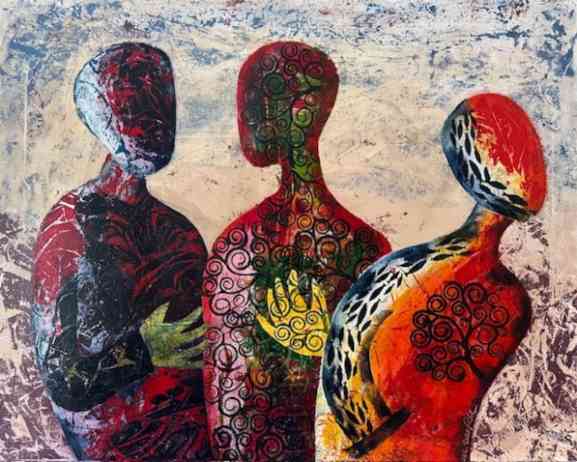 Andreas Schlapkohl – drei menschliche Silhouetten, rote und bläuliche Farben und Muster.