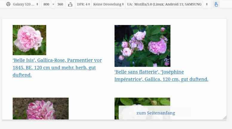 Übersichtseiten der Rosen im Handy-Querformat mit kleinen Fotos und Kurzbeschreibung sowie nutzbaren Button.
