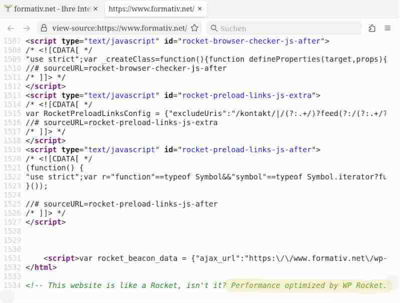 Ausschnitt Quelltext mit Script und Werbung eines externen Anbieters, WP Rocket