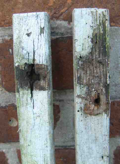 Nahaufnahme schadhafte Schraublöcher an zwei Holzleisten.