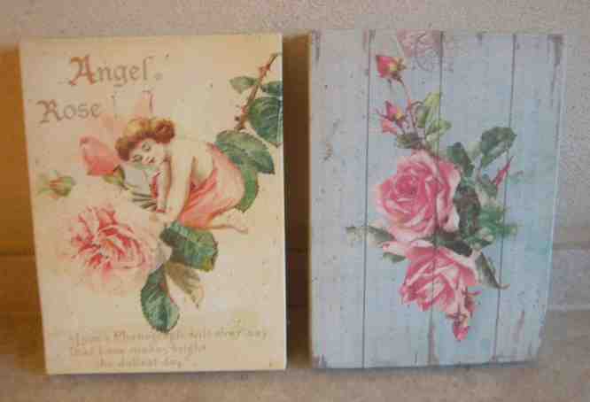 Retrotäfelchen mit Rosenmotiven und einem Engel.